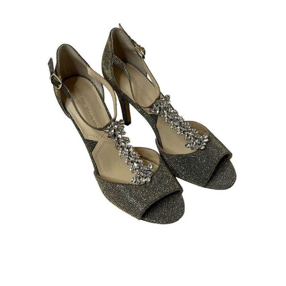 Adrienne Vittadini Gina gold glitter T strap open toe high heels size 7 - Picture 3 of 16